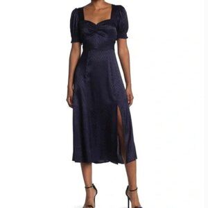 Maisie‎ Puff Sleeve Satin Silky Midi Dress Navy Blue Morton Chevron S